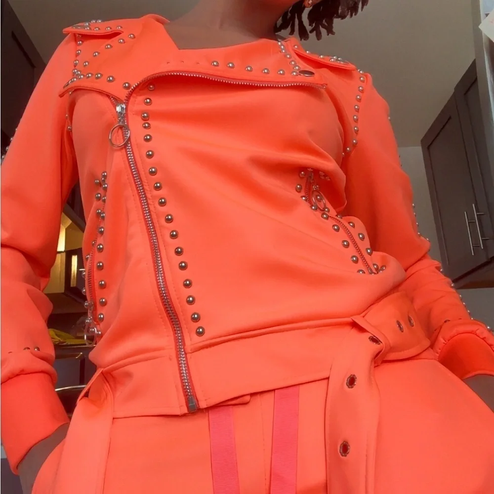 Women's Orange Studded Moto Jogger Set